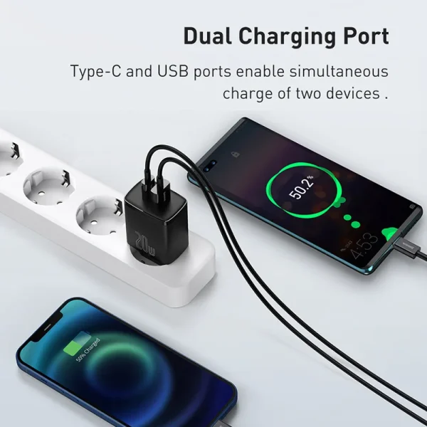 [Baseus] - Adaptador de Pared 20W - [Tipo C + USB] - Imagen 3