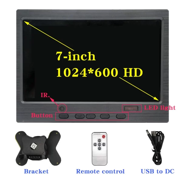 Monitor IPS de 7 Pulgadas con HDMI, VGA, D-SUB | 1024x600