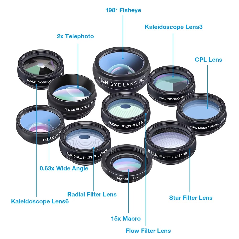 Kit de Lentes 10 en 1 Apexel Universal para Celular con Estuche (Ojo de Pez, Macro, Gran Angular y Filtros) - Imagen 4