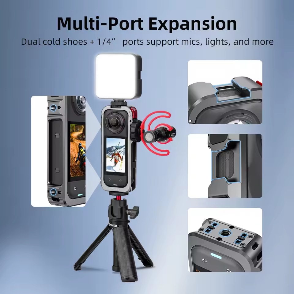 Jaula de Aluminio para Insta360 X5 + Kit de Protectores de Lente y Pantalla - Imagen 2