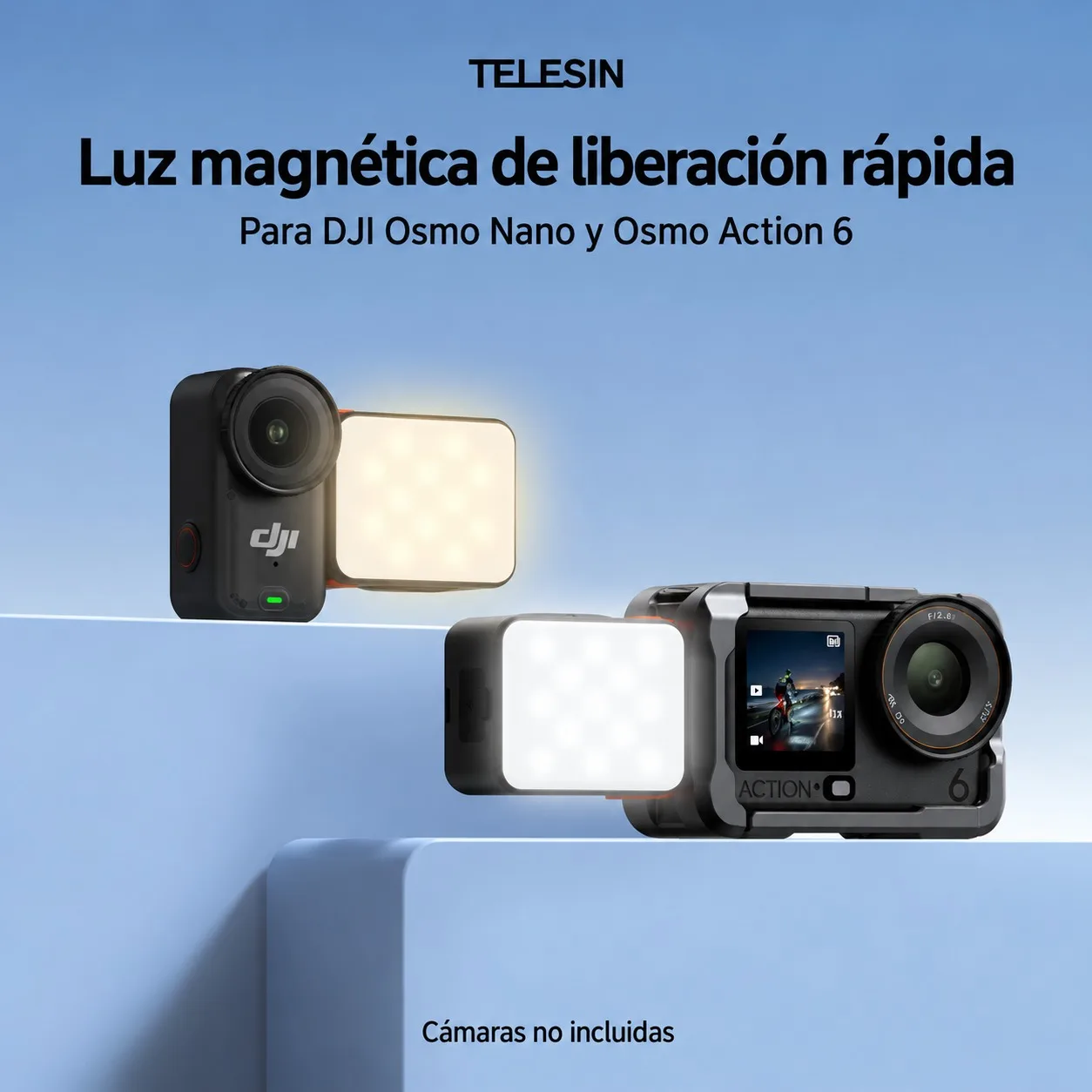 Luz magnética TELESIN instalada en cámaras DJI Osmo Nano y Action 6; cámaras no incluidas.