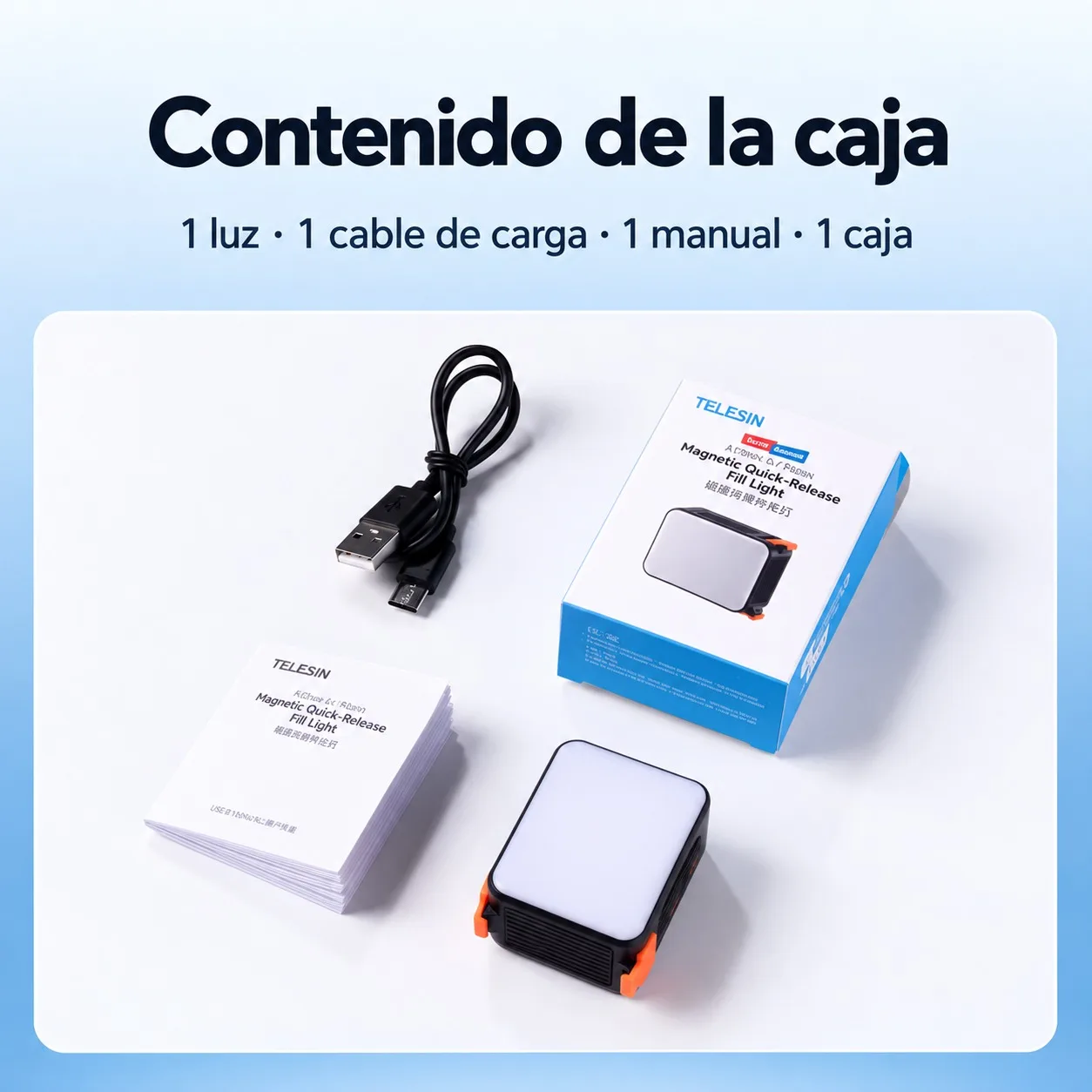 Contenido de la caja: luz TELESIN, cable de carga USB, manual y caja.