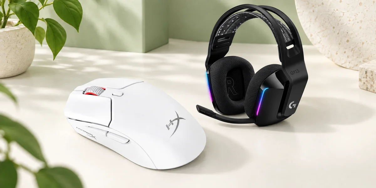 Mouse HyperX Pulsefire Haste 2 Mini Wireless y Audífono Gaming Logitech G733 Lightspeed Wireless Negro RGB - Micrófono Blue VO!CE